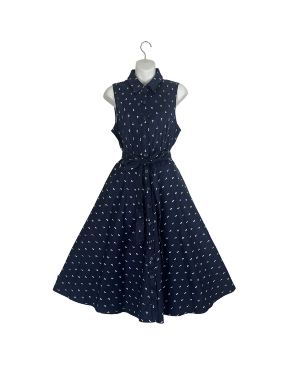 Chetta B Vintage Style Navy Anchor Print Fit Flare Belted Shirt Dress Size 10